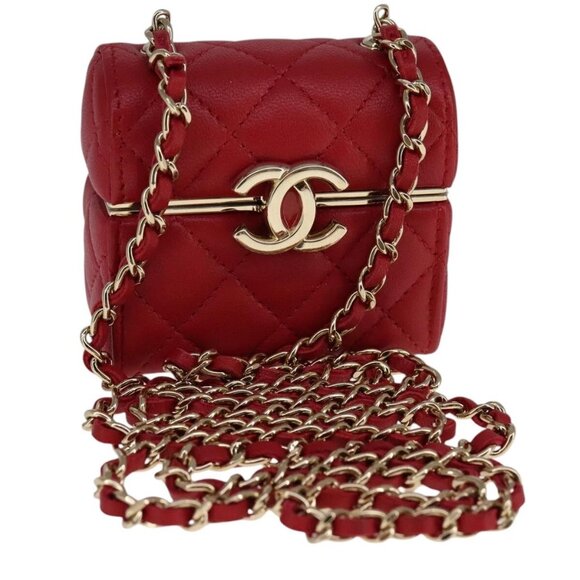 CHANEL Small Box Matelasse Chain Pouch Lamb Skin Red CC Auth 108916AV - Picture 1 of 15